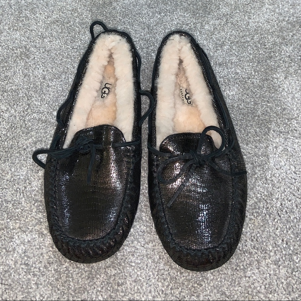 Metallic Black Shearling Moccasins
